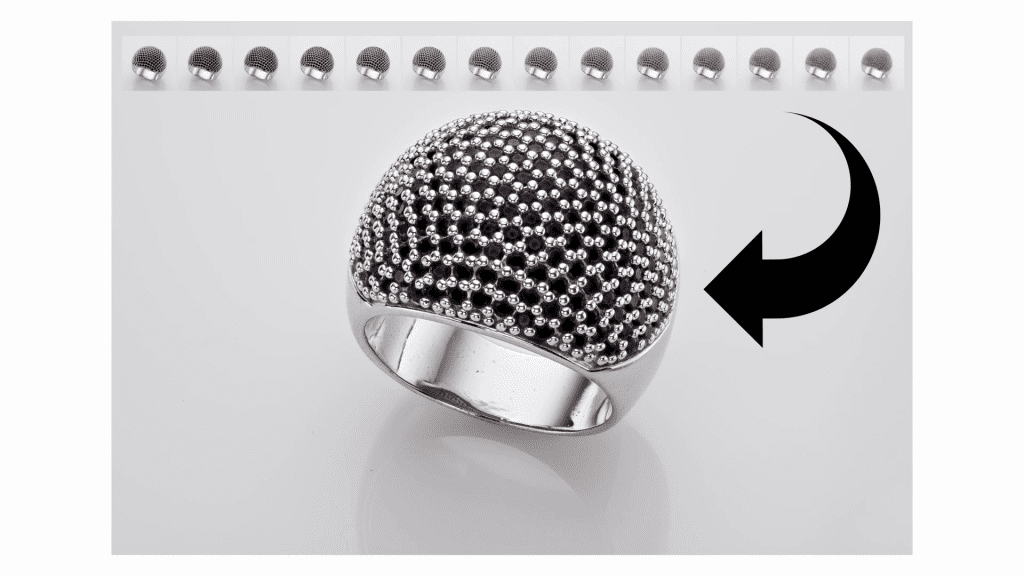 Fourteen source frames of a pave ring, each focused a little deeper into the piece, and the single merged image in which the whole ring is sharp. Illustration from the Focus Stacking lesson of Mastering Jewelry Photography.