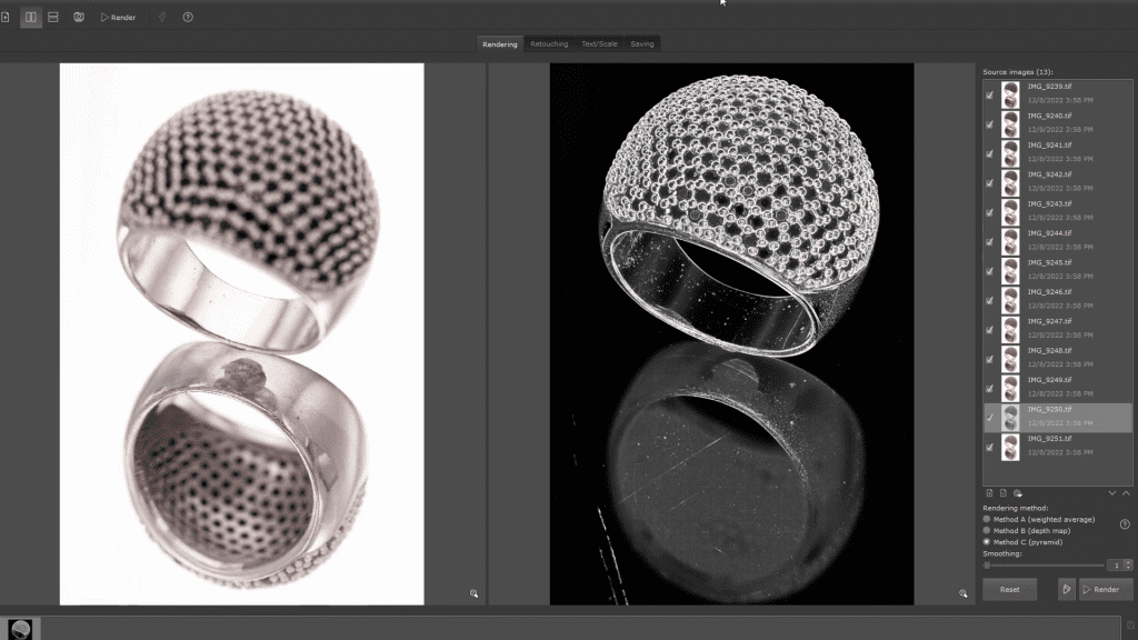 Helicon Focus during a render: on the left a single source frame of a pave ring, sharp only in a narrow band, on the right the merged stack with the whole ring sharp, and the list of source frames down the side. Screenshot from the Helicon Focus lesson of Mastering Jewelry Photography.