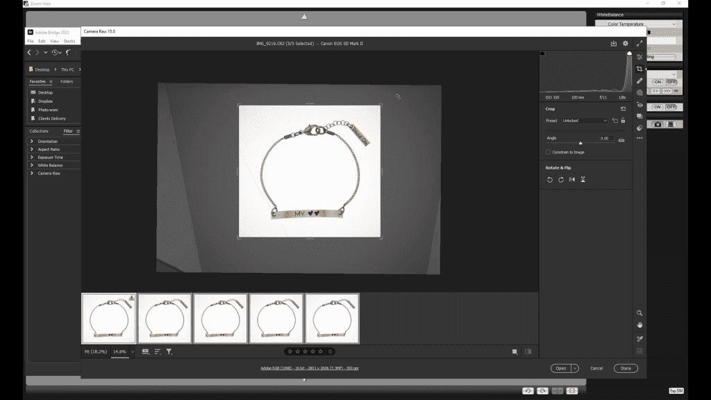 A fine gold chain bracelet with an engraved bar laid flat on white, seen from above in the tethered capture software with a row of captured frames below, during the Photographing Flat-Lay Bracelets lesson.