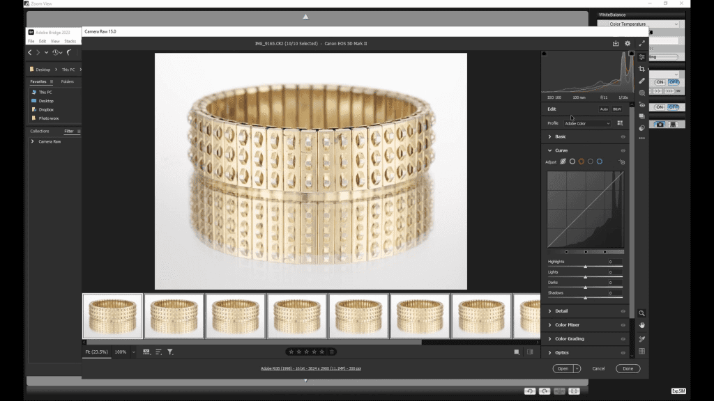 A wide gold bracelet with rows of raised studs standing upright on white, seen in the tethered capture software with a row of captured frames below, during the Photographing Bracelets lesson.